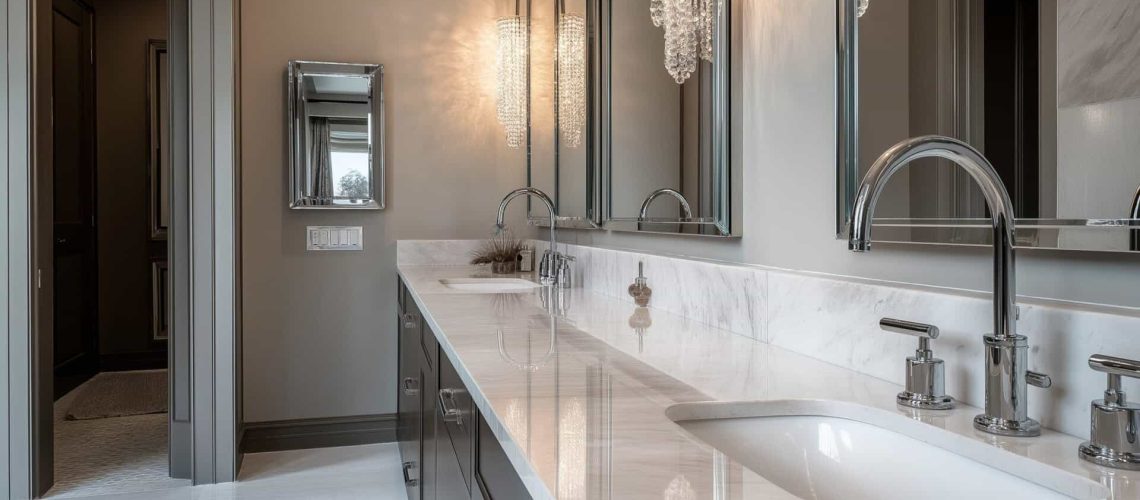 An opulent bathroom design showcasing a double vanity with polished marble countertops and modern glass faucets. The room is adorned with stylish mirrors and ambient lighting for a sophisticated look.