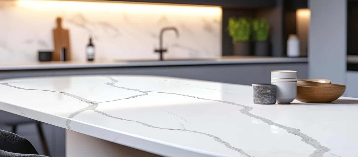 Modern kitchen island with white quartz countertop.