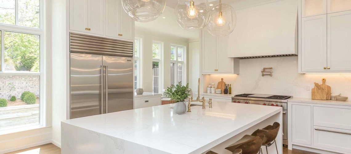 A bright, modern kitchen features a large white quartz island with gold pendant lights and stainless steel appliances.