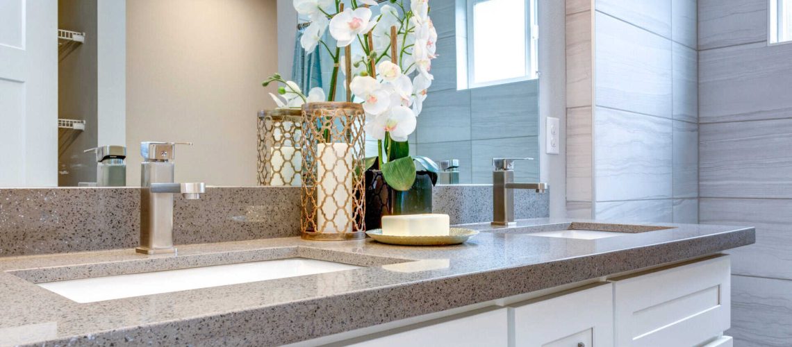 Elegant warm color bathroom design in a freshly remodeled house.