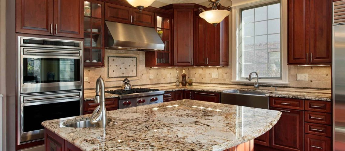 Kitchen with granite island and cherry wood cabinetry