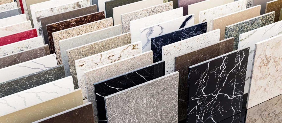 Color sample quartz tiles for floors, backsplash and showers