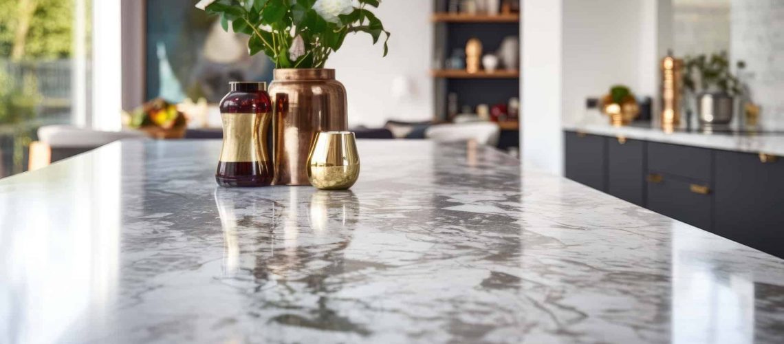 Close up image of a modern kitchen island with a blurred background, featuring a marble table top.