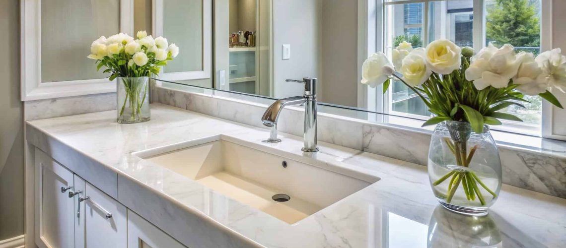 Elegant white sink sits atop a gleaming chrome faucet amidst sleek, high-gloss cabinetry and polished marble countertops in a contemporary bathroom oasis.